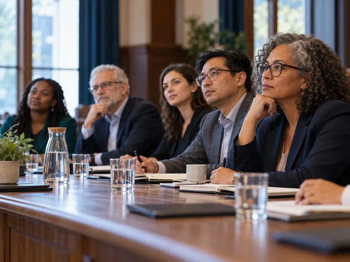Participants listening during a roundtable discussion with notebooks on the table