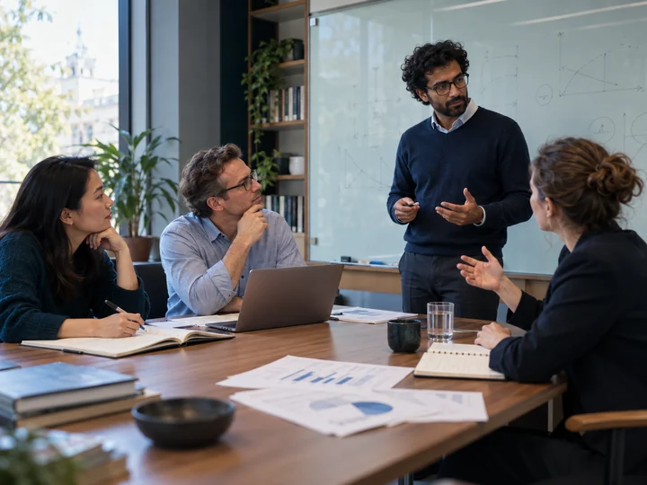 Four colleagues discussing research around a table and a whiteboard