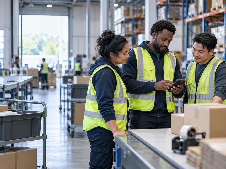 Three warehouse colleagues in safety vests reviewing a handheld device together