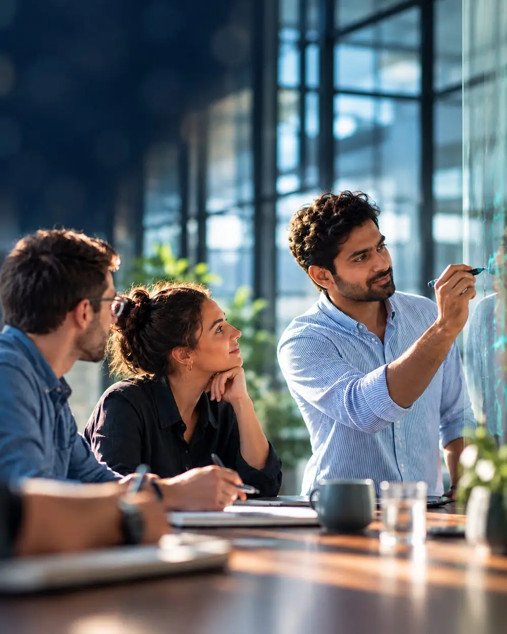 Three colleagues at a table, one writing on a glass board while the others listen